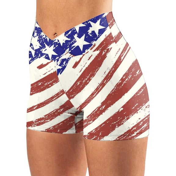 SHOPESSA Fashion Womens High Waist July 4th Independence Day American Flag Printed Cross Workout Short Womens Yoga Short Pants L