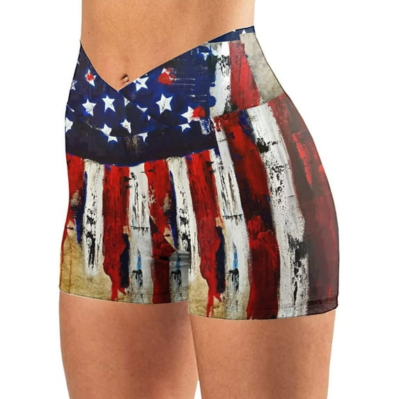 SHOPESSA Fashion Womens High Waist July 4th Independence Day American Flag Printed Cross Workout Short Womens Yoga Short Pants L