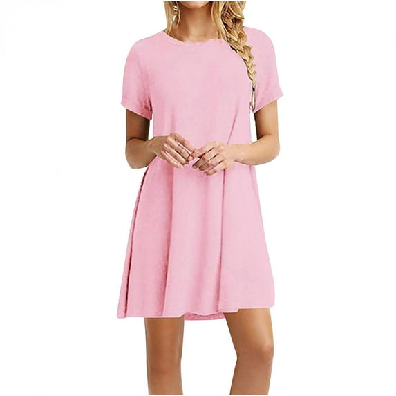 SHOPESSA Summer Dresses for Women 2025,Casual Short Sleeve O-Neck Solid Ladies Plain Simple T-Shirt Loose Mini Dress