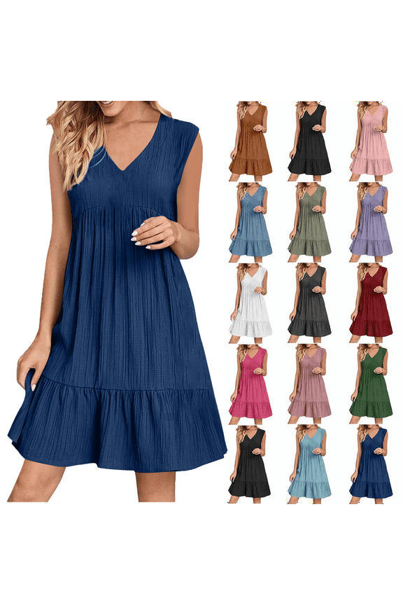 Summer Dresses for Women 2022 Plus Size Holiday Summer Solid Color Crew Neck Sleeveless Black Party Beach Dress