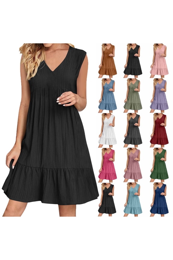 Summer Dresses for Women 2022 Plus Size Holiday Summer Solid Color Crew Neck Sleeveless Black Party Beach Dress