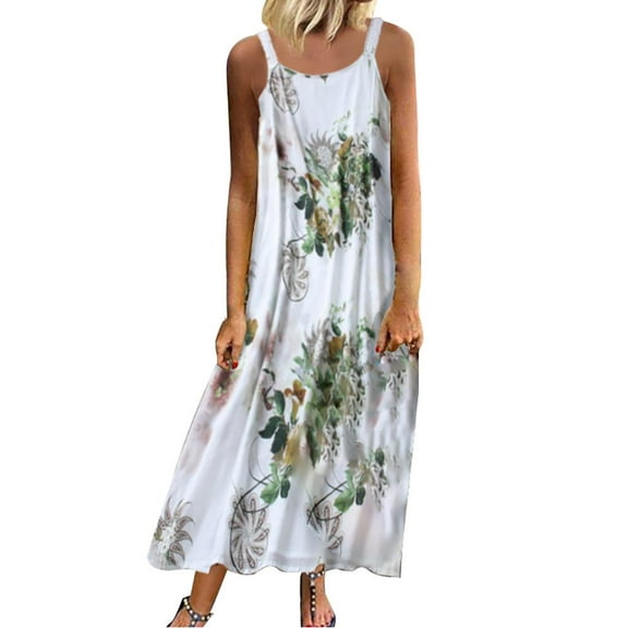 SHOPESSA Summer Dresses for Women 2025, Vintage Sleeveless O Neck Plus Size Bohemian Floral Print Maxi Dress