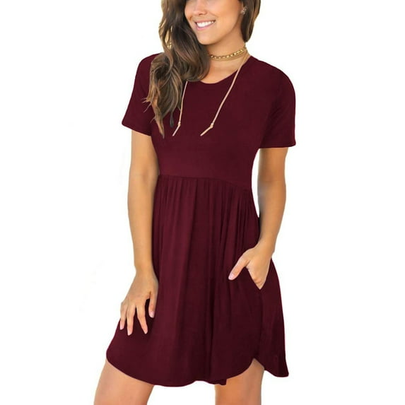 SHOPESSA Women Summer Tunic Dress with Pockets Short Sleeve Round Neck Casual Loose Flowy Swing Shift Wine Dresses for Women