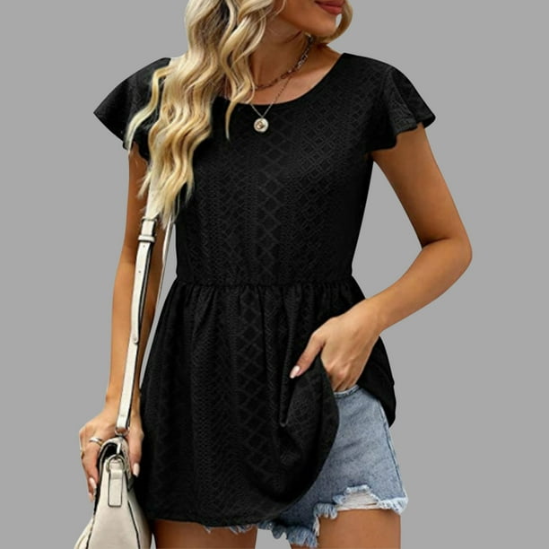 SHOPESSA Women Tops Casual Solid Color Round Neck Short Sleeve Tops ...