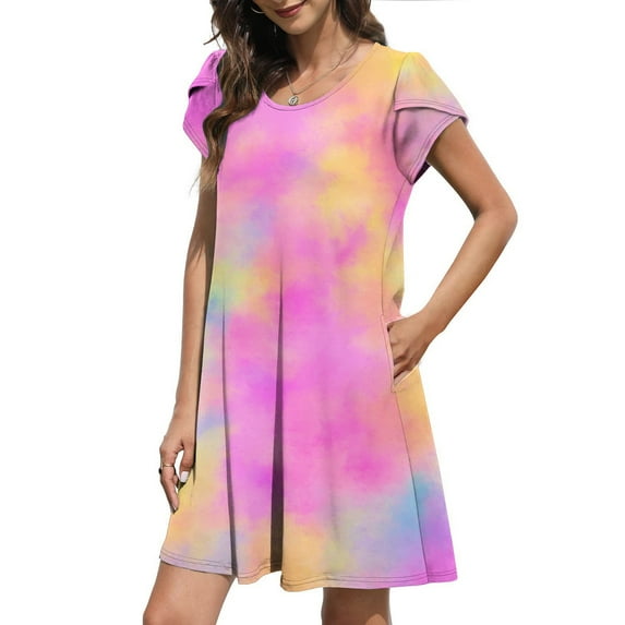 SHOPESSA Women's Round Neck Petal Short Sleeve With Pocket Ruffle Hem Tunic Dresses for Women