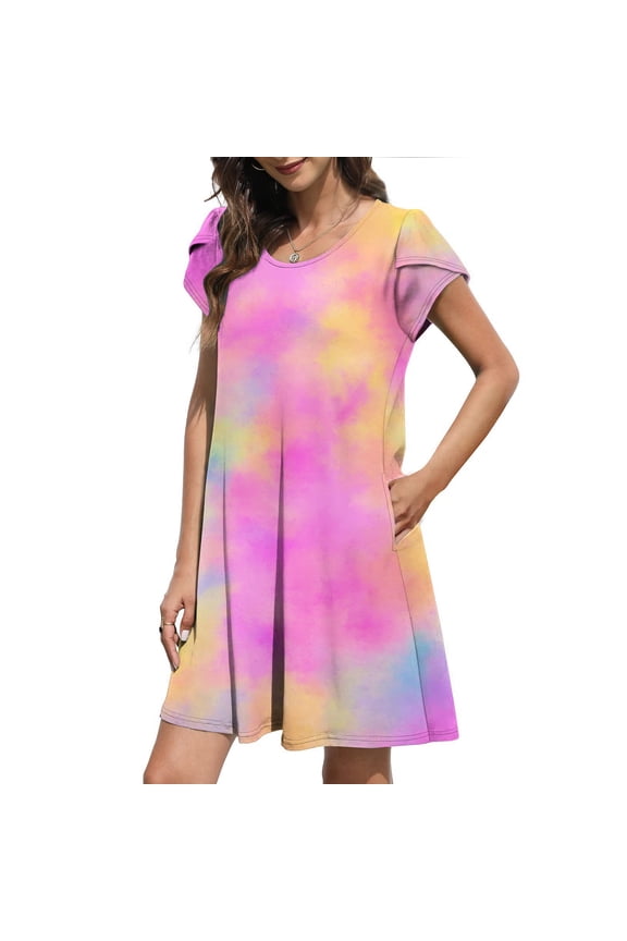 Women's Round Neck Petal Short Sleeve With Pocket Ruffle Hem Tunic Dresses for Women