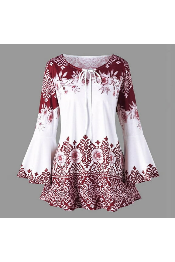 Womens Plus Size Tops Fashion Adjustable Neckline Printed Flare Sleeve Tops Long Sleeve Blouses Keyhole T-Shirts