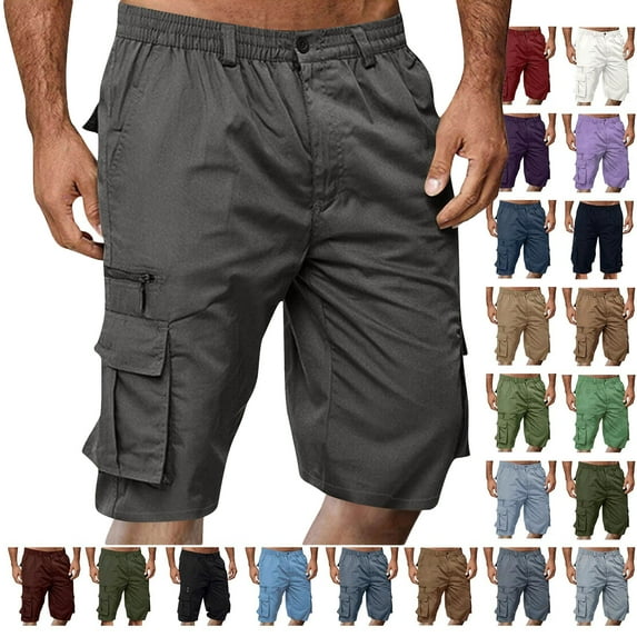 Summer Savings Mens Shorts Cargo Solid Color Straight Buttons Zipper Elastic Cargo Pants Multi Pockets Casual Summer Beach Party Cargo Stretch Shorts under 5$