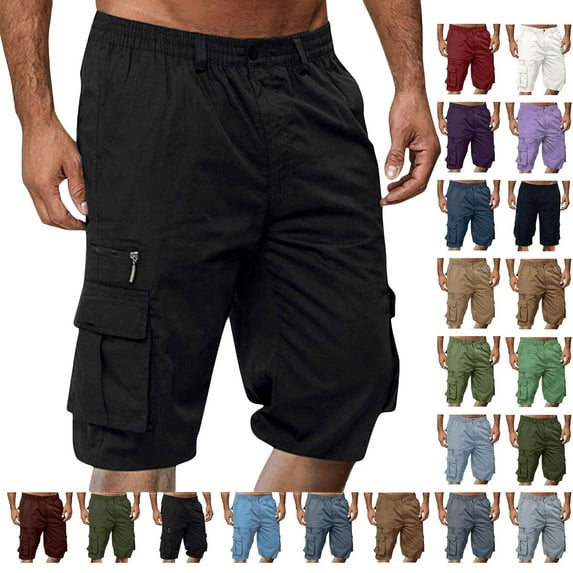 Summer Savings Mens Shorts Cargo Solid Color Straight Buttons Zipper Elastic Cargo Pants Multi Pockets Casual Summer Beach Party Cargo Stretch Shorts under 5$