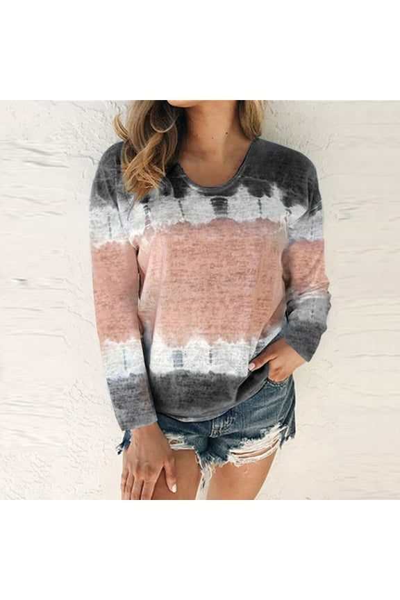 Womens Summer Tops Tiy-dye Casual Long Sleeve Round Neck Loose Blouse T Shirts Tee Printed Side Split Tunic (S-5XL)