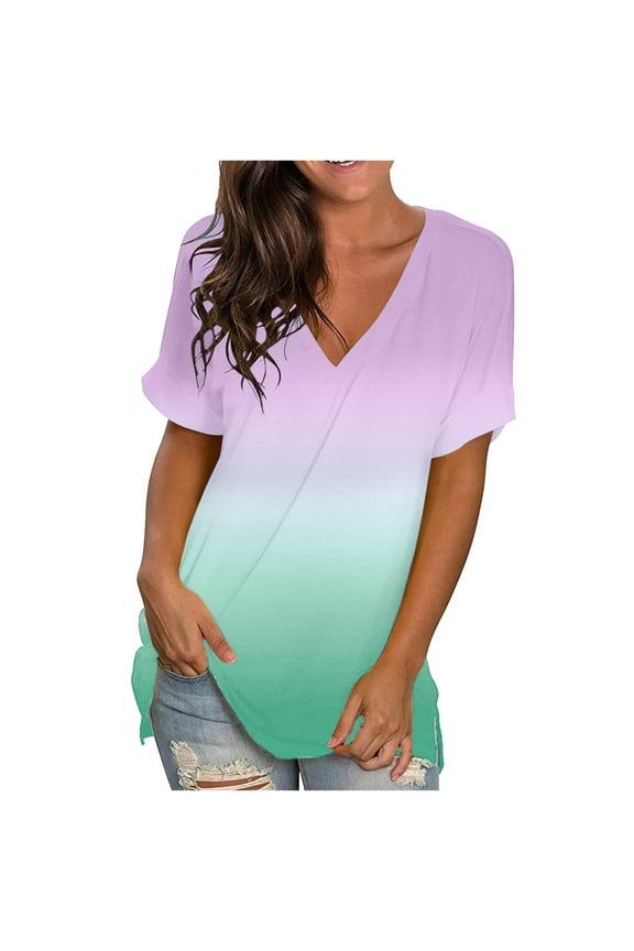 SHOPESSA Womens Tops Fashion Gradient Printed Blouse V-neck Short Sleeve Tunic Tops Casual Summer Long Shirts for Women to Wear with Leggings