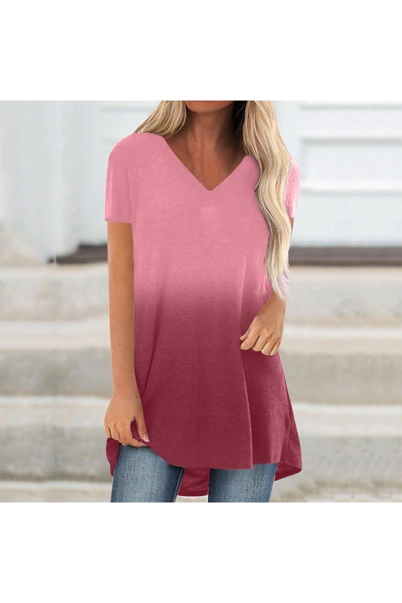 Womens Tops Fashion Gradient Printed Blouse V-neck Short Sleeve Tunic Tops Casual Summer Long Shirts for Women to Wear with Leggings