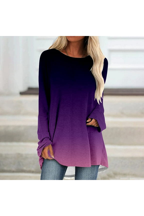 Womens Tops Plus Size Long Sleeve Workout Shirts Casual O-Neck Gradient Printed T-Shirt Loose Plus Size Long Sleeve Workout Tops Solid Blouse