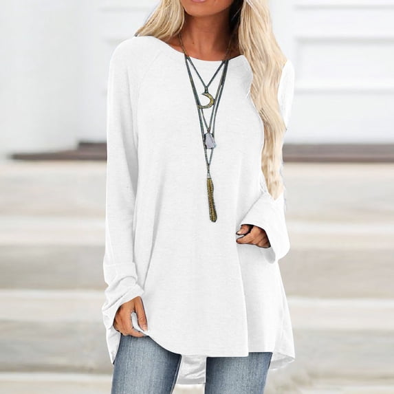 SHOPESSA Womens Tops Plus Size Long Sleeve Workout Shirts Casual Round Neck T-Shirt Loose Workout Tops Solid Blouse