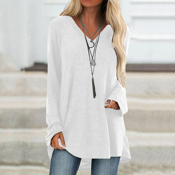 SHOPESSA Womens Tops Plus Size Long Sleeve Workout Shirts Casual V-Neck T-Shirt Loose Workout Tops Solid Blouse