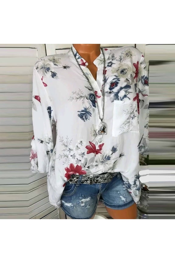 Womens Tops Plus Size Long Sleeve Workout Shirts V Neck Fashion Elegant Floral Flower Print Pullover Button Casual Bottom Top