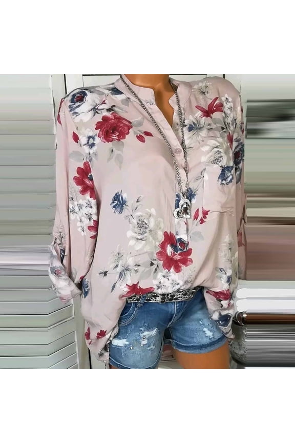 Womens Tops Plus Size Long Sleeve Workout Shirts V Neck Fashion Elegant Floral Flower Print Pullover Button Casual Bottom Top