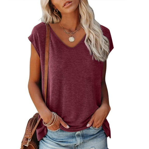 SHOPESSA Womens Tops Sleeveless Tank Tops V Neck Tunic Tops Summer Basic Loose Solid Color Casual Shirts Fit Blouse
