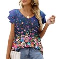 thumbnail image 1 of SHOPESSA Womens Tops Summer Fashion V-neck T-Shirt Flounces Short Sleeve Casual Loose Fit Tee Shirts Blouse Print Shirt, 1 of 7