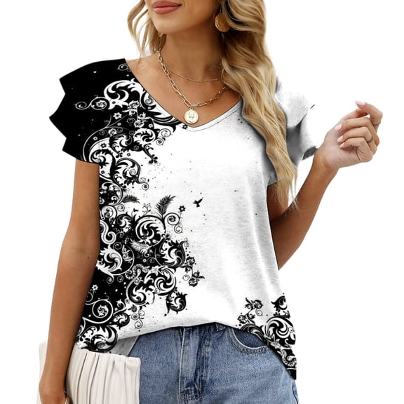 SHOPESSA Womens Tops Summer Fashion V-neck T-Shirt Flounces Short Sleeve Casual Loose Fit Tee Shirts Blouse Print Shirt