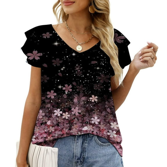 SHOPESSA Womens Tops Summer Fashion V-neck T-Shirt Flounces Short Sleeve Casual Loose Fit Tee Shirts Blouse Print Shirt