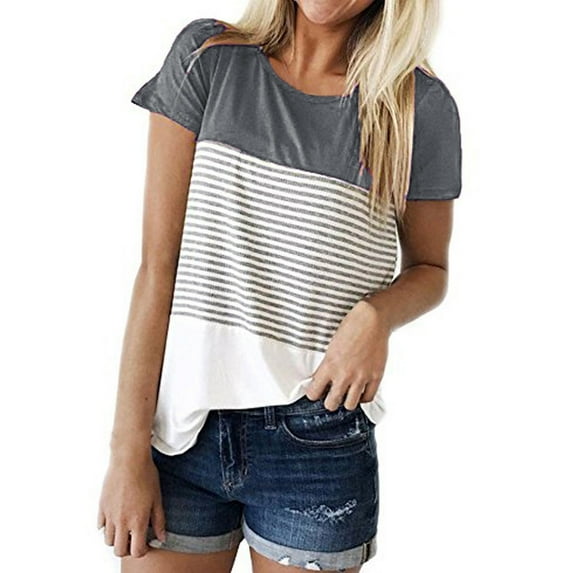 SHOPESSA Womens Tops Summer Rounk Neck Triple Color Block Stripe T-Shirt Short Sleeve Blouse T-Shirt Causal Printing Soft Tops