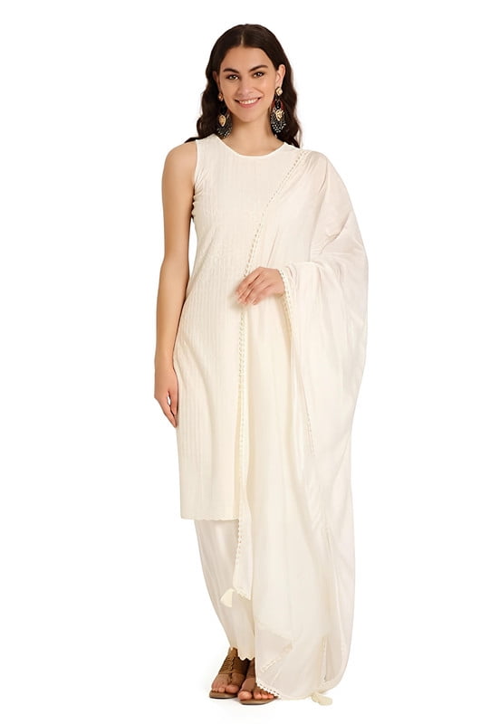 Shopping Queen Women's Rayon Chikankari Lucknowi Kurta Palazzo with Dupatta Set - Indian Ethnic Traditional Wear Kurta Set, Size: 3XL, White