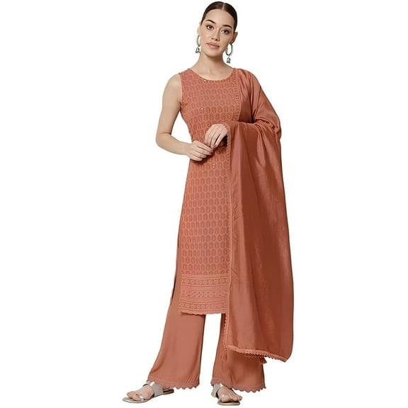 SHOPPING QUEEN Women's Rayon Chikankari Lucknowi Kurta Palazzo with Dupatta Set - Indian Ethnic Traditional Wear Kurta Set