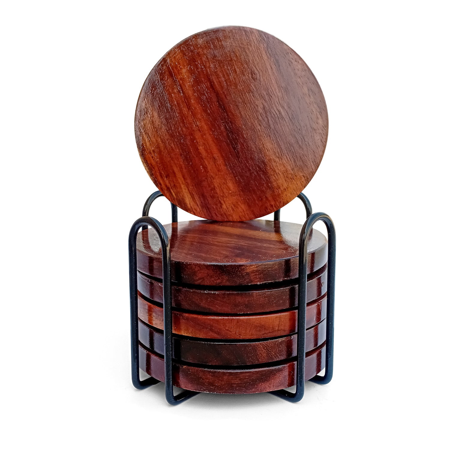 Handmade Wooden Tea Coaster Set Of 6 - Round With Brass Leaf Decoration, Drink & Glass Protectors