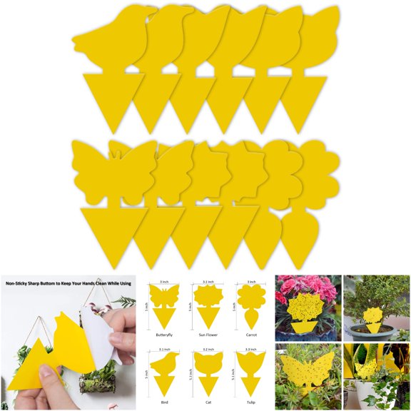 SHOPXOH 48-Pack Yellow Sticky Pest Traps for Indoor/Outdoor Use, Non-Toxic Fruit Fly & Gnat Control, Round Design with 6 Patterns