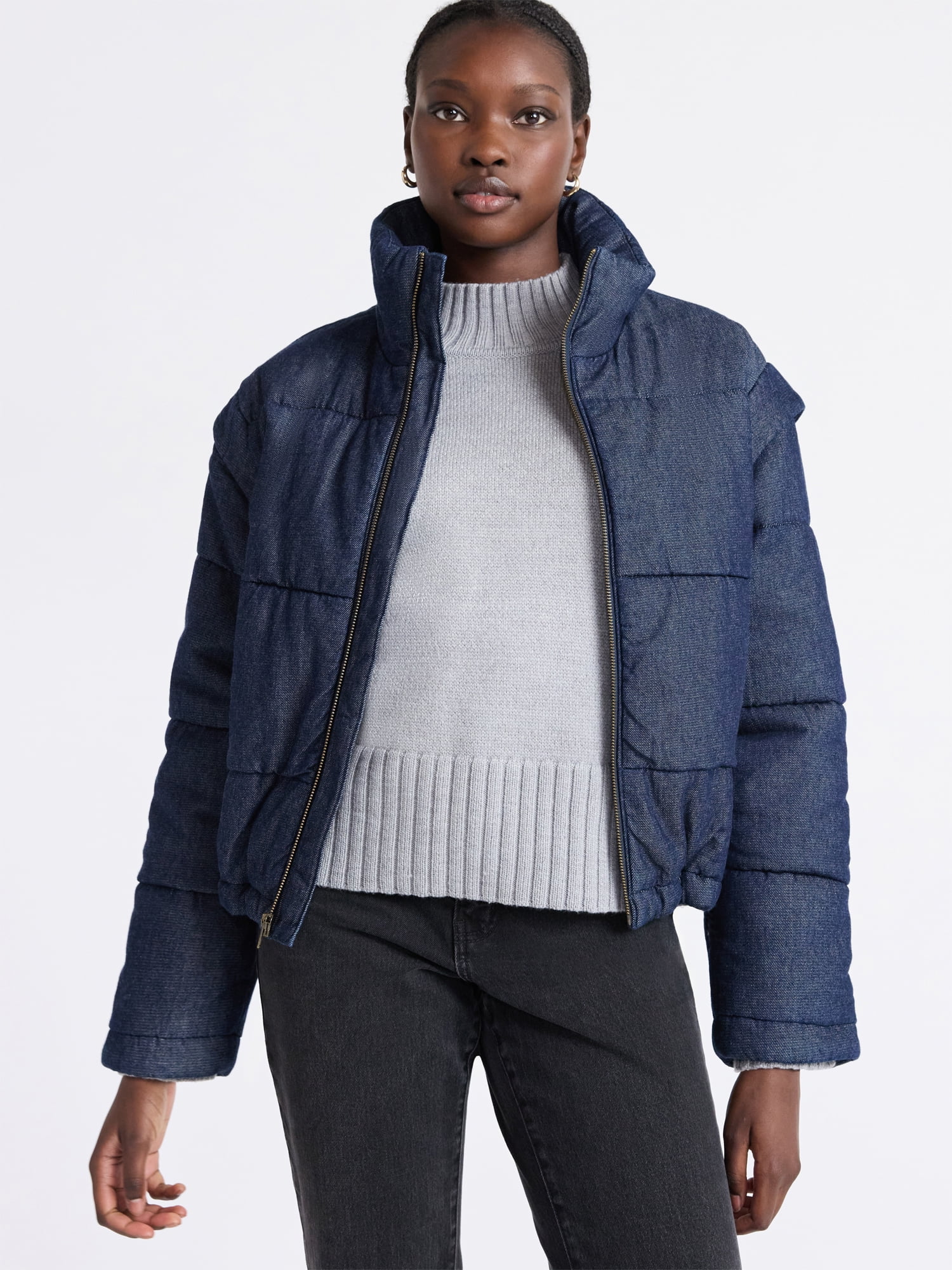 Free Assembly Women's and Women's Plus Short Denim Puffer Jacket