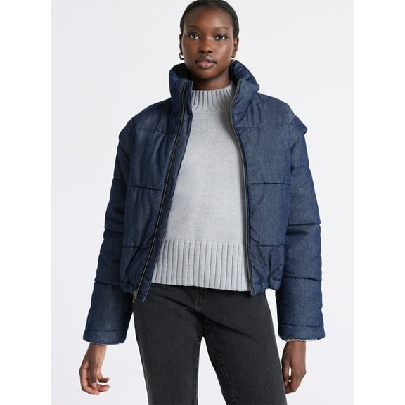 Free Assembly Women's and Women's Plus Short Denim Puffer Jacket, Sizes XS-4X