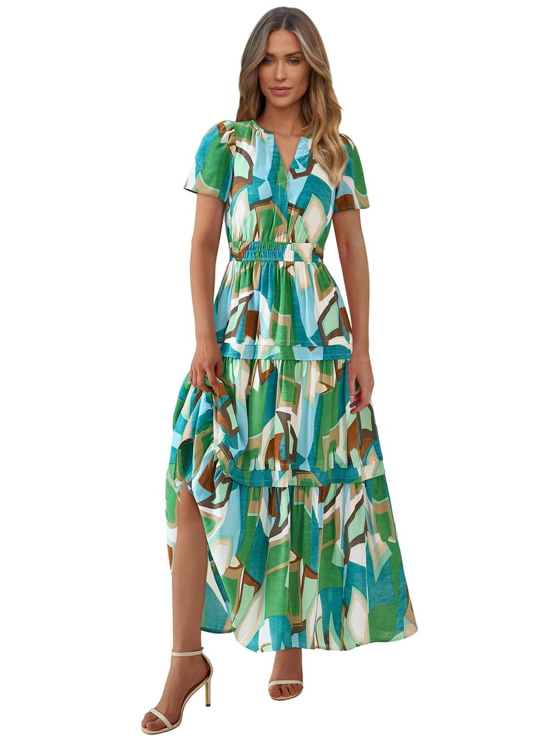 PRETTYGARDEN Women's Tiered Maxi Dress with Short Sleeves, Sizes S-XXL -  Walmart.com