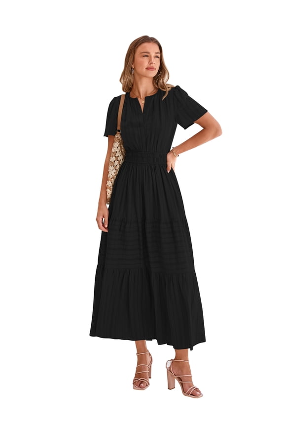 Women's Tiered Maxi Dress with Short Sleeves, Sizes S-XXL
