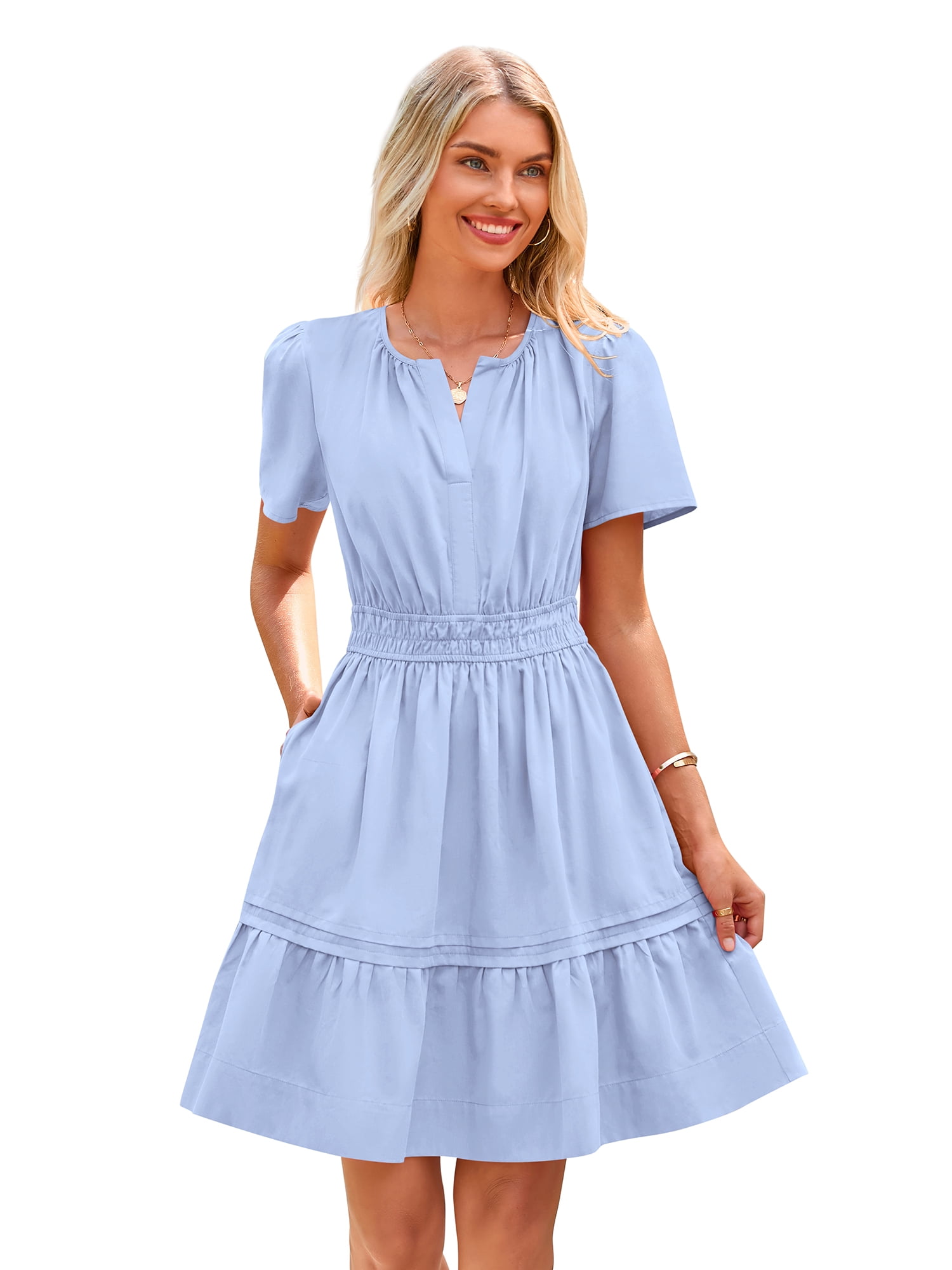Women's Ruched Tiered Mini Dress with Short Sleeves, Sizes S-XXL
