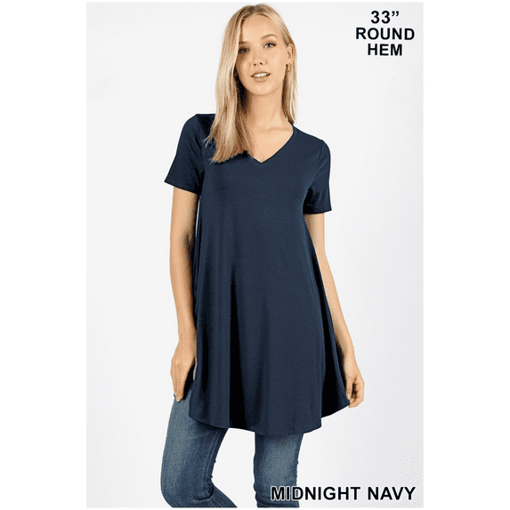 SHORT SLEEVE V-NECK ROUND HEM TUNIC AVAILABLE IN 2 COLORS (DEEPCORAL)