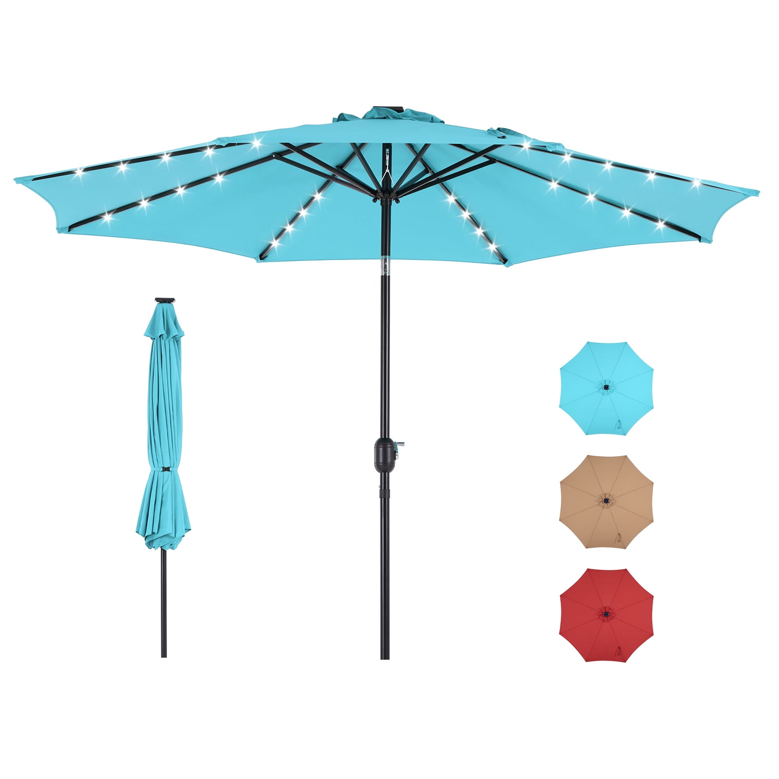 SHOUFTW 10FT Patio Umbrella with Solar LED Lights, Push Button Tilt, 8-Rib Outdoor Market Umbrella for Patio Garden, Backyard, Deck, Poolside, Blue