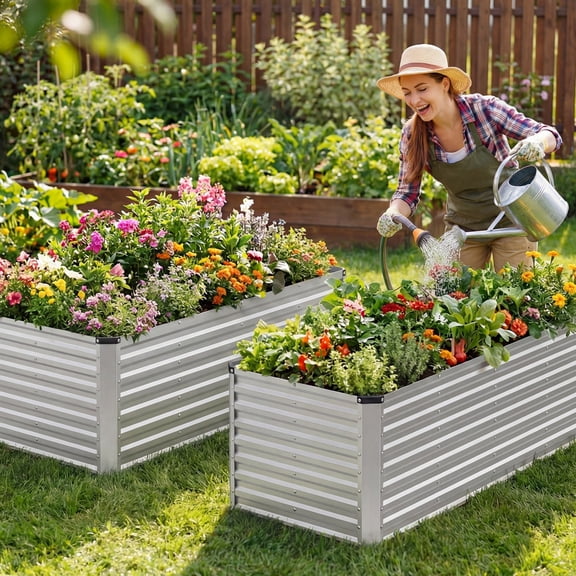 SHOUFTW 2 PCS Galvanized Rectangular Raised Garden Bed, 8x4x2 ft Outdoor Metal Planter Box with Rust-Resistant Steel, Easy to Assemble, Ideal for Vegetables, Flowers & Herbs
