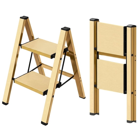 SHOUFTW 2 Step Ladder, Folding Step Stool, Anti-Slip, Lightweight Portable, 330 lbs Capacity for Home Kitchen Office,Rose Gold