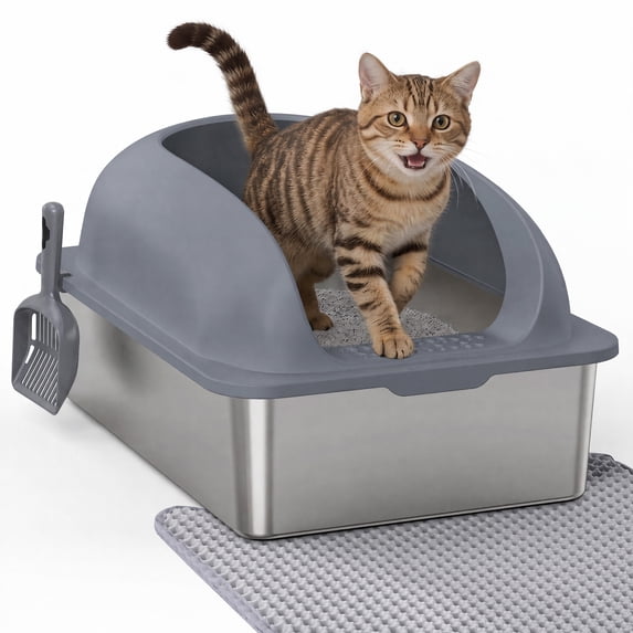 SHOUFTW 24 Inch Stainless Steel Cat Litter Box with Lid, Extra Large Enclosed Cat Litter Pan, High Wall Anti-Splash Design, Odor Control, Anti-Leakage, Includes Scoop and Mat, Dark Grey