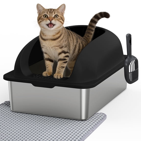 SHOUFTW 24 Inch Stainless Steel Cat Litter Box with Lid, Extra Large Enclosed Cat Litter Pan, High Wall Anti-Splash Design, Odor Control, Anti-Leakage, Includes Scoop and Mat, Black