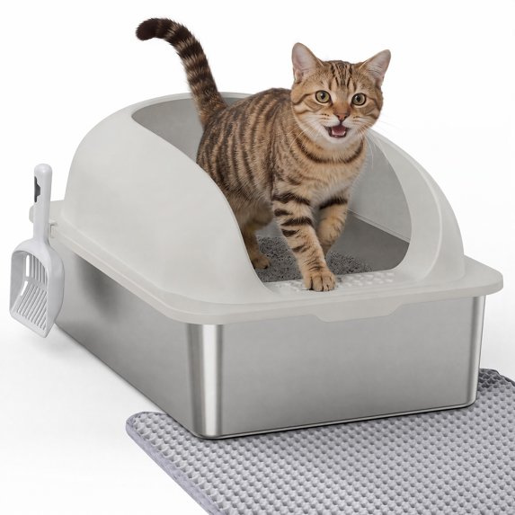 SHOUFTW 24 Inch Stainless Steel Cat Litter Box with Lid, Extra Large Enclosed Cat Litter Pan, High Wall Anti-Splash Design, Odor Control, Anti-Leakage, Includes Scoop and Mat, Light Grey