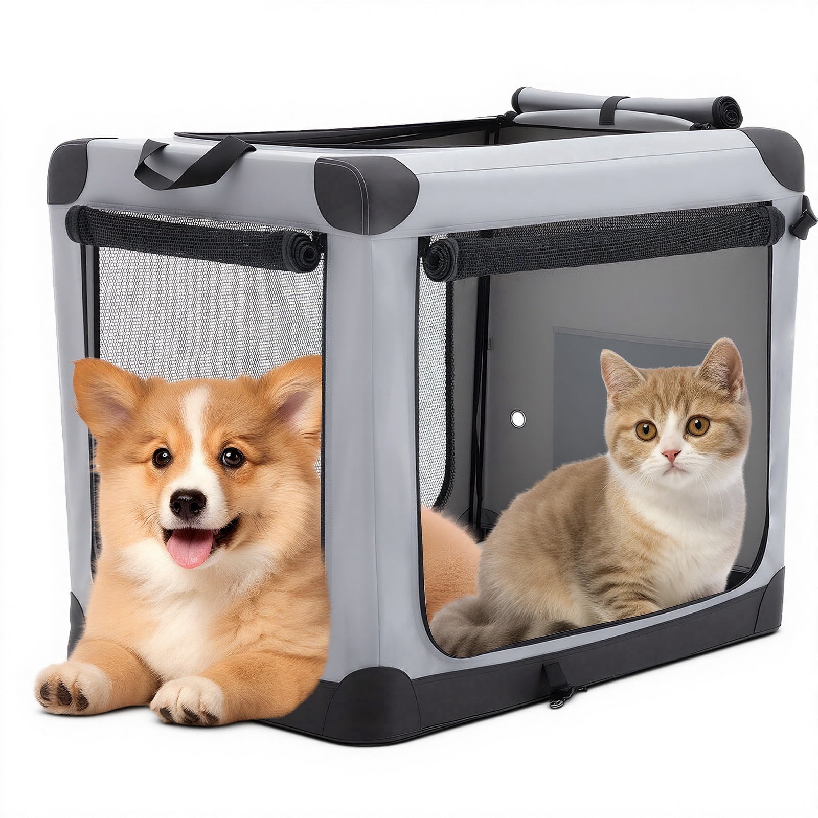 SHOUFTW 24 inch Portable Folding Soft Dog Crate, Easy Assembly Pet Travel Kennel, 3-Door Collapsible Indoor Outdoor Pet Carrier, Gray