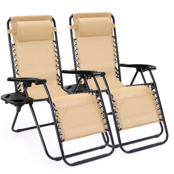 SHOUFTW 2PCS Zero Gravity Recliner, Folding Outdoor Lounge Chair Set with Lockable System, Adjustable Pillow & Cup Tray for Patio Garden Beach, Khaki