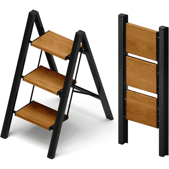 SHOUFTW 3 Step Ladder, Folding Step Stool, Anti-Slip, Lightweight Portable, 330 lbs Capacity for Home Kitchen Office,Wood Black