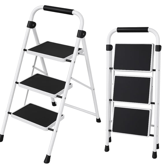 SHOUFTW 3 Step Ladder with Handrail, Folding Step Stool for Adults, Heavy Duty Steel Frame, Wide Anti-Slip Steps, 330 lbs Capacity, Portable for Kitchen, Home,Black