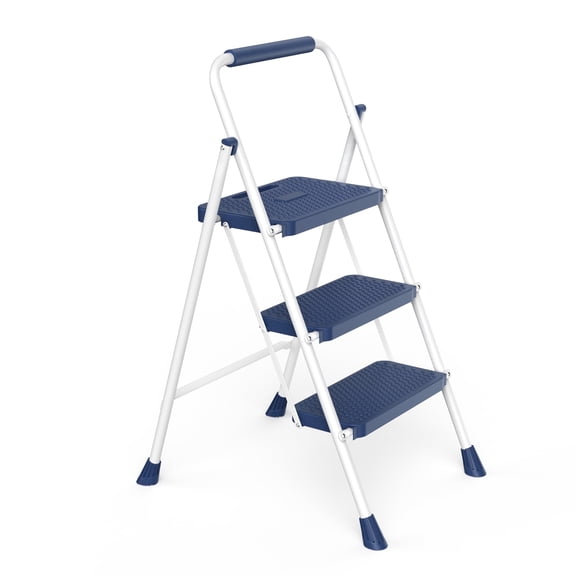 SHOUFTW 3 Step Ladder with Handrail, Folding Step Stool with Wide Anti-Slip Pedals, Heavy Duty Lightweight Ladder, 800 lbs Capacity, Portable for Kitchen, Garage, Home, Blue White