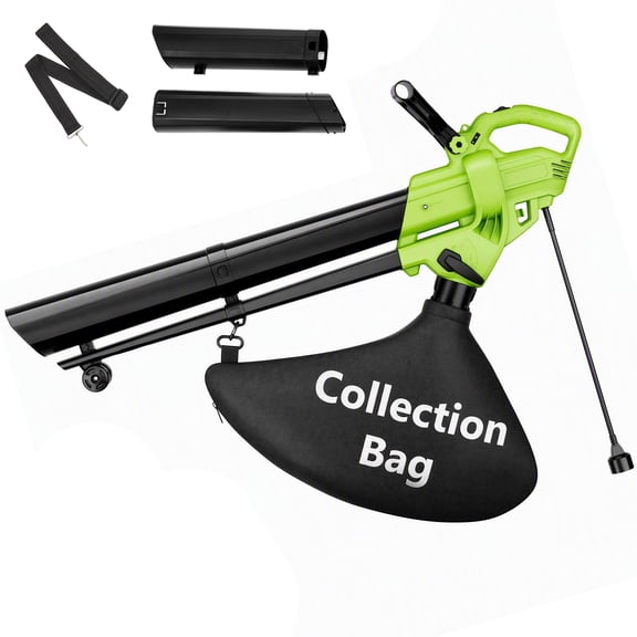 SHOUFTW 3‑in‑1 Electric Leaf Blower Vacuum Mulcher with Metal Impeller, Lightweight & Easy‑Handling with Collection Bag for Yard & Garden Cleanup, Black & Green