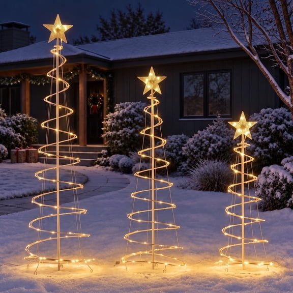 SHOUFTW 3-piece Spiral Christmas Tree, 220 LED Lights with Star Topper, Holiday Decoration for Yard, Warm White