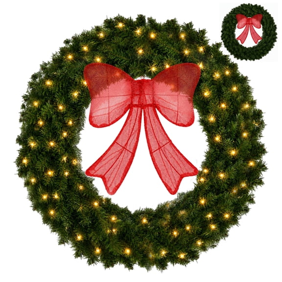 SHOUFTW 30in Green Christmas Wreath,130 Constant-On Warm White LED, Large Artificial Pre-Lit Fir with Lighted Red Bow, Holiday Accent Decoration for Indoor Outdoor Christmas Decor